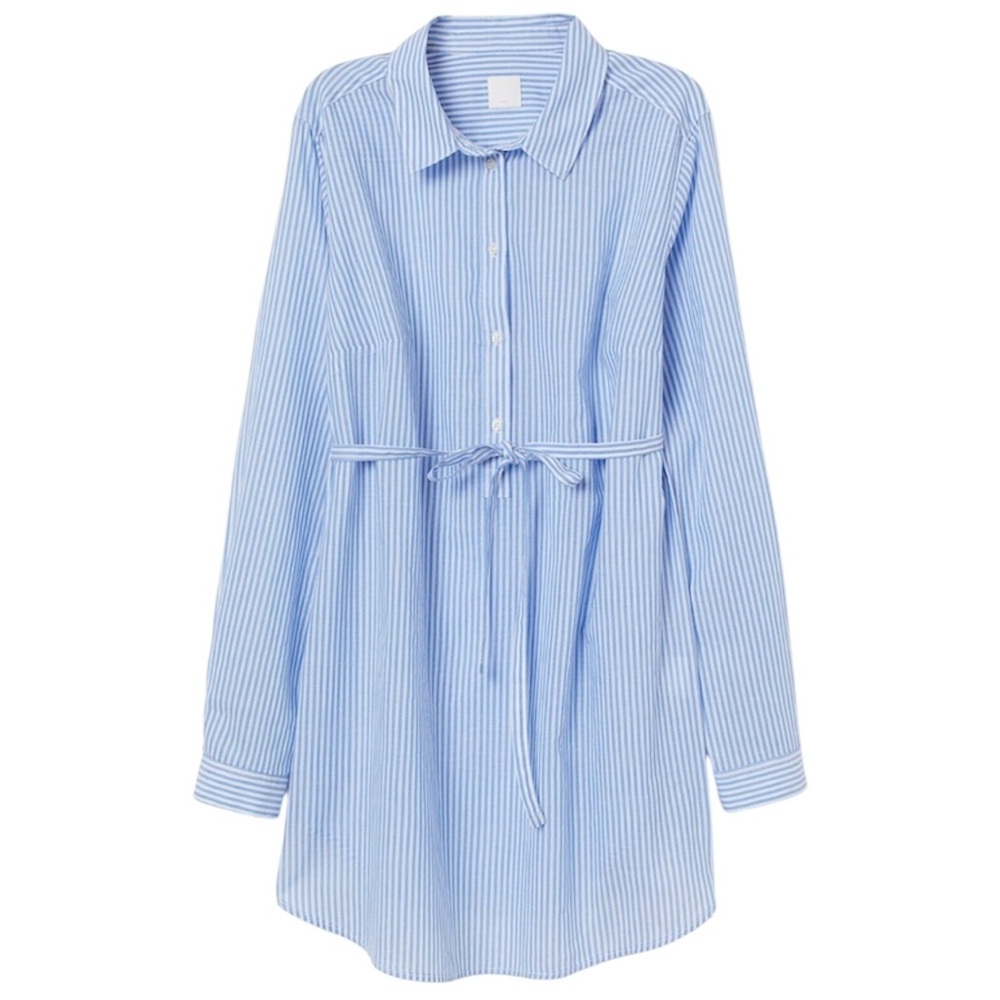 H&M Maternity Striped Shirt Tunic Top Medium Blue White Tie Waist Shirt Size Med